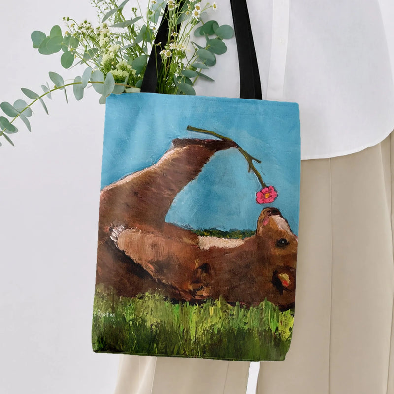 Bear with Flower Tote Bag | Playful Brown Bear Oil Painting Art | Premium Twill Diamond-Grid Texture | Cute Gift for Animal Lovers