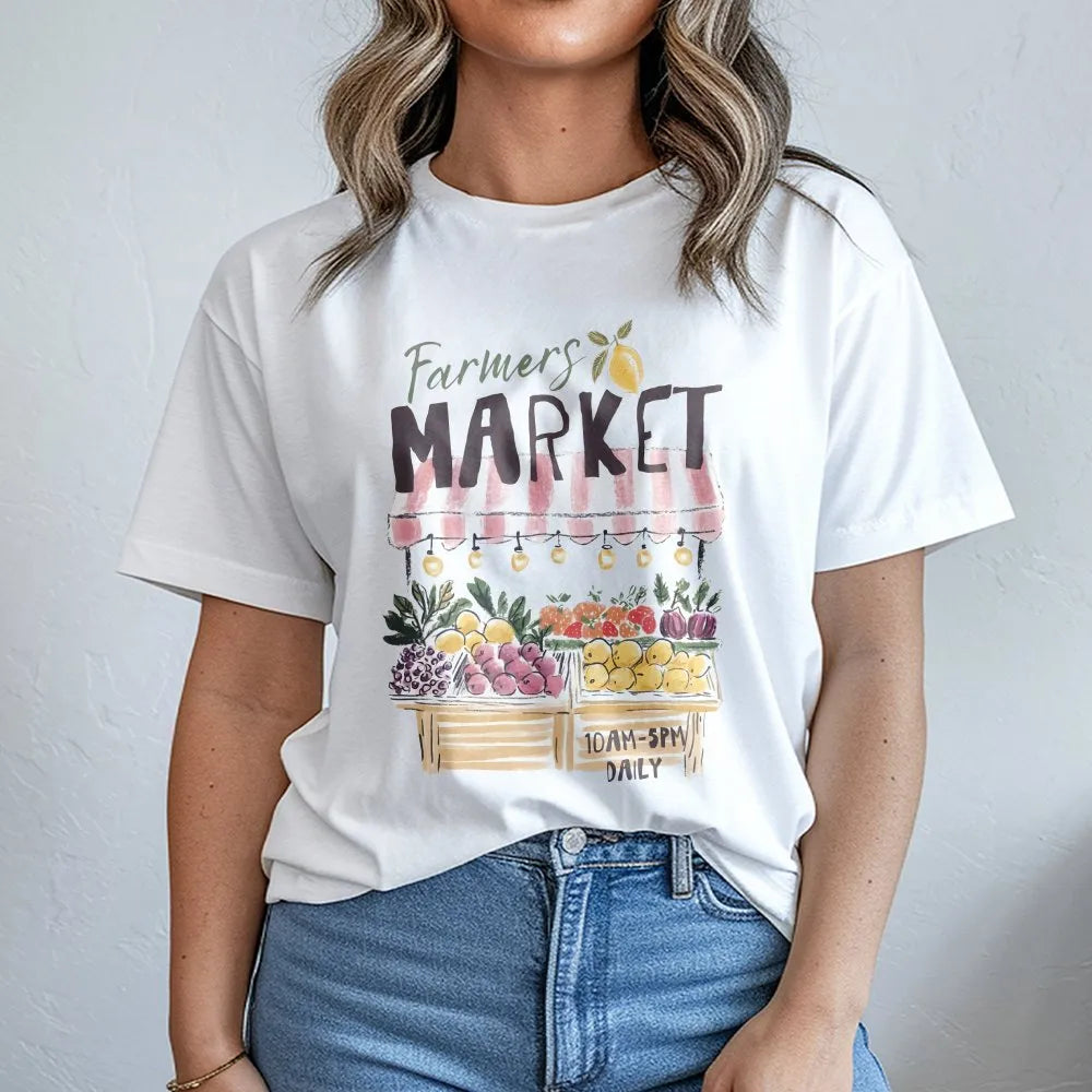 Farmers Market Graphic T-Shirt | Watercolor Fruit Stall Design | Soft Breathable Cotton | Cottagecore Summer Aesthetic Gift