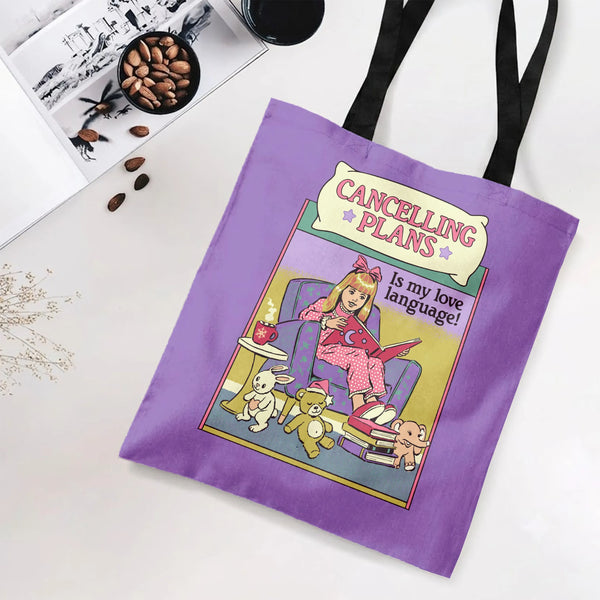 Cancelling Plans Is My Love Language Tote Bag | Retro Introvert Girl Reading Illustration | Premium Twill Diamond-Grid Textur