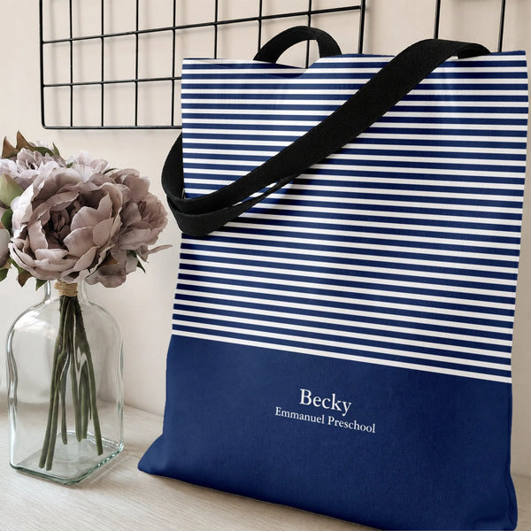 Nautical Stripe Tote Bag | Navy Blue & White Classic Sailor Pattern | Premium Composite Twill Fabric | Everyday Carry Gift