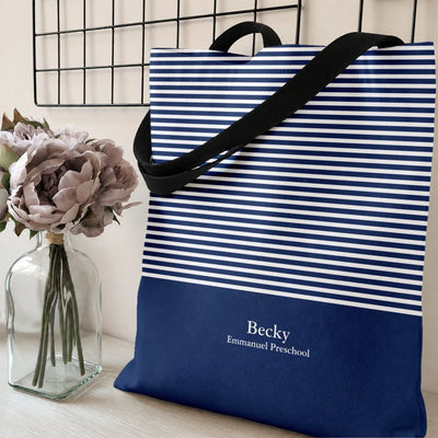 Nautical Stripe Tote Bag | Navy Blue & White Classic Sailor Pattern | Premium Composite Twill Fabric | Everyday Carry Gift