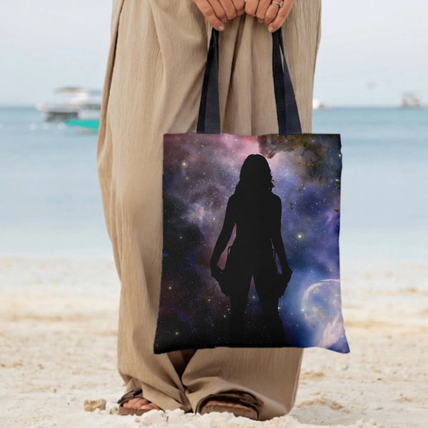 Galaxy Woman Silhouette Tote Bag | Cosmic Nebula Stargazer Art | Premium Twill Diamond-Grid Fabric | Aesthetic Gift for Space