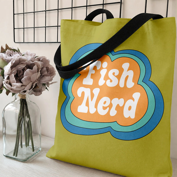 Fish Nerd Tote Bag | Retro Groovy Bubble Letter Typography Art | Premium Twill Diamond-Grid Texture | Fun Gift for Aquarium F