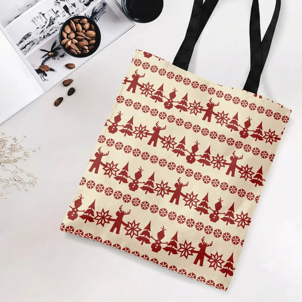 Christmas Sweater Pattern Tote Bag | Nordic Reindeer Snowman & Snowflake Folk Art | Premium Twill Diamond-Grid Texture | Fest