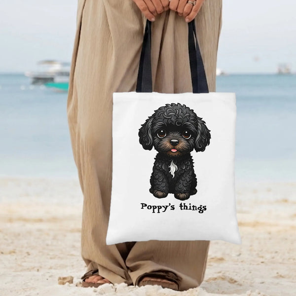 Black Poodle Tote Bag | Cute Cartoon Dog Portrait Art | Premium Twill Fabric Shopping Bag | Gift for Dog Lovers