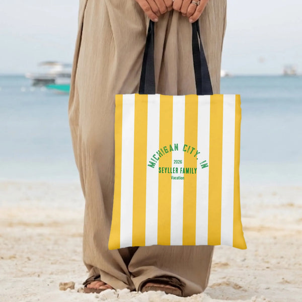 Michigan City Indiana Family Vacation Tote Bag | Yellow & White Cabana Stripe Beach Design | Premium Twill Fabric | Personali