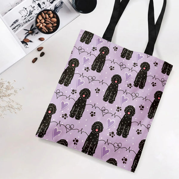 Black Poodle Tote Bag | Cute Cartoon Poodles with Hearts and Paw Prints Pattern | Premium Twill Fabric | Gift for Dog Lover