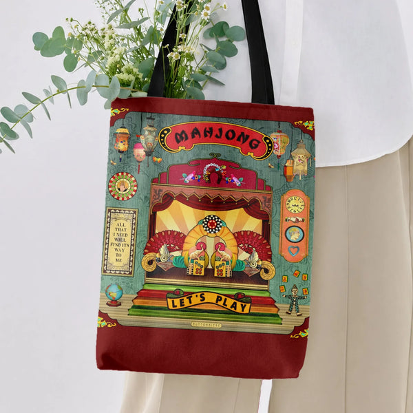 Mahjong Tote Bag | Vintage Theater Stage Let's Play Carnival Art | Premium Twill Diamond-Grid Texture | Gift for Mahjong Play