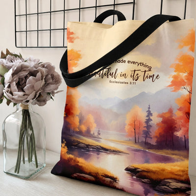 Ecclesiastes 3:11 Bible Verse Tote Bag | Autumn Watercolor Lake Landscape | Premium Twill Fabric | Christian Faith Inspirational Gift