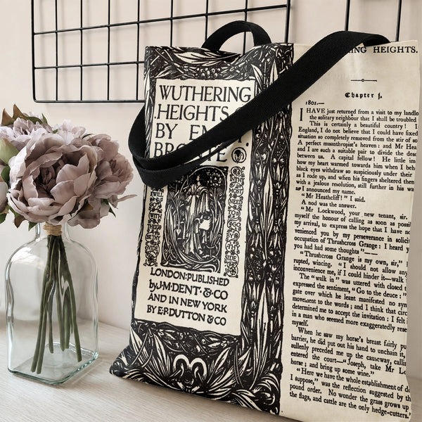 Wuthering Heights Book Cover Tote Bag | Emily Brontë Vintage Literary Page Art | Premium Twill Diamond-Grid Texture | Gift fo