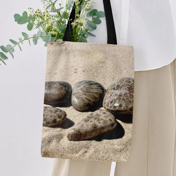Petoskey Stone Tote Bag | Fossil Coral Rocks on Sandy Beach Photography | Premium Twill Fabric with Diamond-Grid Texture | Gi