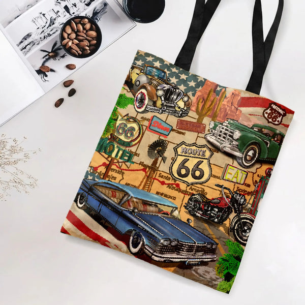 Route 66 Tote Bag | Vintage Hot Rod Classic Cars Americana Road Trip Art | Premium Twill Diamond-Grid Texture | Gift for Clas
