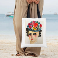 Floral Hat Lady Tote Bag | Watercolor Woman Portrait with Bird and Flowers Art | Premium Twill Diamond-Grid Texture | Aesthetic Gift for Art Lovers