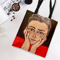 Woman Portrait Art Tote Bag | Expressive Painted Face Hands on Cheeks Illustration | Premium Twill Diamond-Grid Texture | Unique Gift for Art Lovers