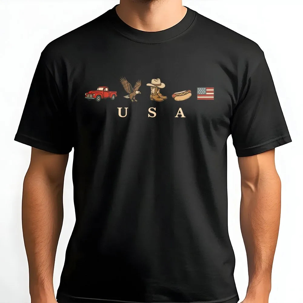 Patriotic USA T-Shirt | Retro American Icons Graphic Sweatshirt | Soft Cotton Blend | 4th of July Independence Day Gift
