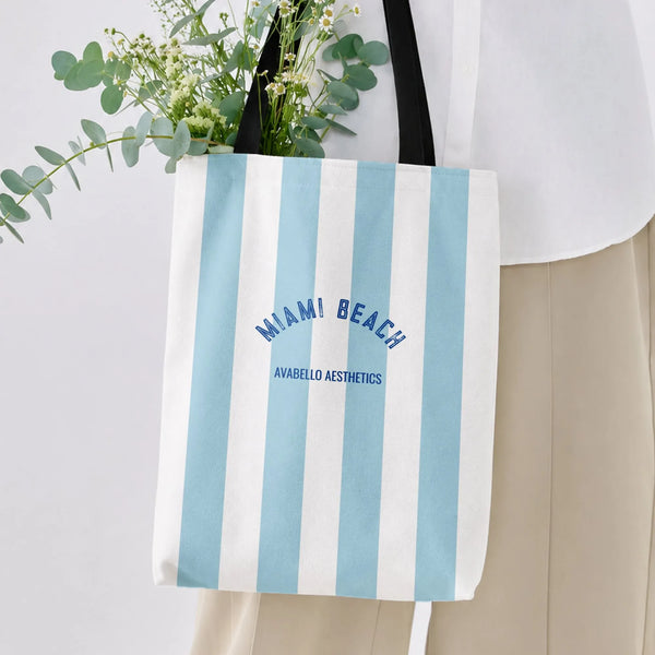 Miami Beach Striped Tote Bag | Light Blue Cabana Stripe Coastal Design | Premium Twill Fabric | Aesthetic Beach Lover Gift fo
