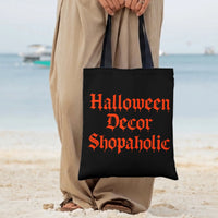 Halloween Decor Shopaholic Tote Bag | Dripping Gothic Lettering Orange on Black | Premium Twill Diamond-Grid Texture | Spooky Season Gift for Halloween Obsessed