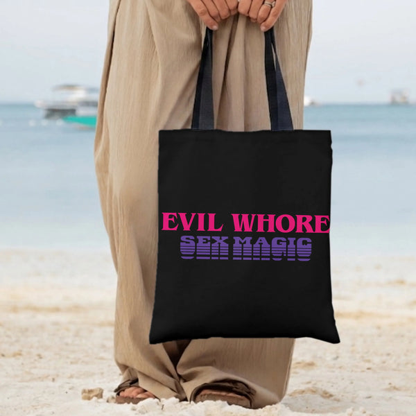 Evil Whore Sex Magic Tote Bag | Bold Retro Pink Purple Typography Art | Premium Structured Twill Bag | Edgy Gift for Witchy S