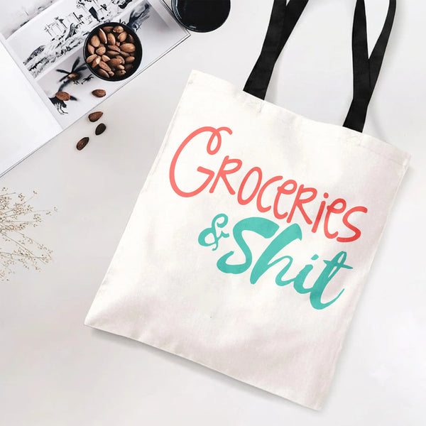 Groceries & Shit Funny Tote Bag | Sarcastic Typography Grocery Shopping Bag | Premium Twill Diamond-Grid Texture | Hilarious 