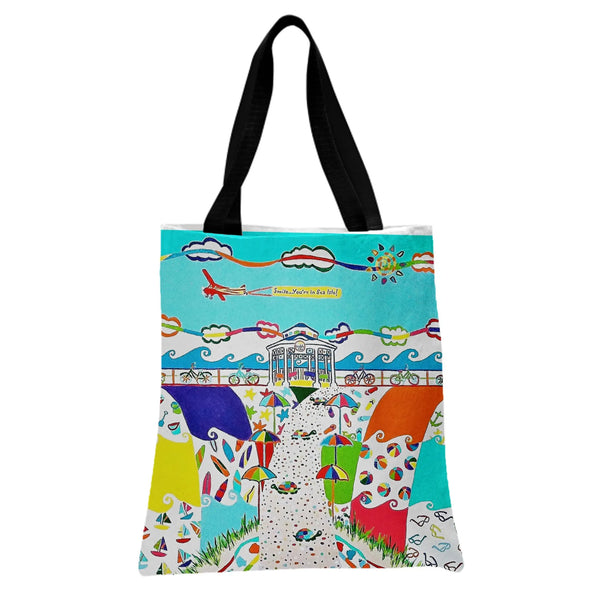 Sea Isle Beach Tote Bag | Colorful Boardwalk Umbrella Whimsical Art | Premium Twill Diamond-Grid Fabric | Gift for Beach Love