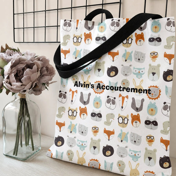 Cute Animal Faces Tote Bag | Woodland Creatures with Glasses Pattern | Premium Twill Diamond-Grid Texture | Adorable Gift for
