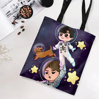 Space Astronaut Kids Tote Bag | Cute Chibi Boys and Dog in Galaxy with Stars | Premium Twill Diamond-Grid Fabric | Gift for Space Loving Kids