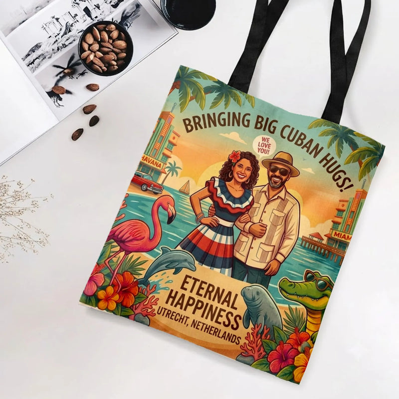 Cuban Vintage Tote Bag | Retro Miami Tropical Sunset Art with Palm Trees & Flamingo | Premium Twill Structured Tote | Gift for Travel Lovers