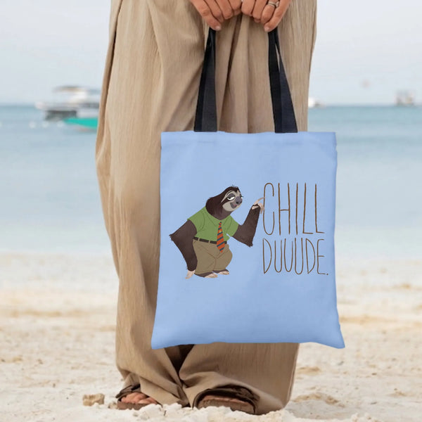 Chill Dude Sloth Tote Bag | Funny Office Sloth in Business Casual Cartoon Art | Premium Twill Lightweight Tote | Gift for Cow