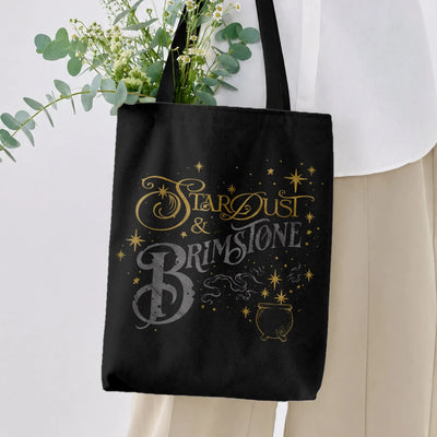 Stardust & Brimstone Witchy Tote Bag | Gold Cauldron Stars Typography Art | Premium Twill Diamond-Grid Texture | Gift for Witchcraft & Fantasy Lovers