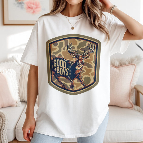 Good Ole Boys Outdoors T-Shirt Buck Deer Graphic With Camo Shield Southern Hunting T-Shirt For Country Men