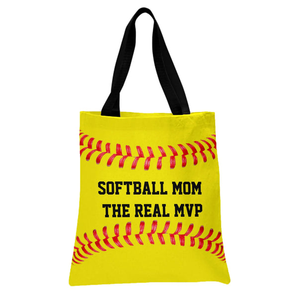 Softball Mom Tote Bag | The Real MVP Yellow Softball Stitch Design | Premium Twill Diamond-Grid Texture | Gift for Softball M