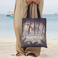 Behemoth Dinosaur Bible Verse Tote Bag | Job 40:15 Scripture Forest Silhouette Art | Premium Twill Structured Carry Bag | Gift for Christian Dinosaur Lover