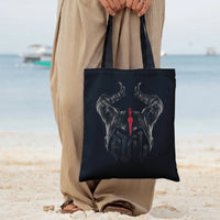 Gothic Demon Horns Tote Bag | Dark Fantasy Skull Shield Art | Premium Twill Canvas | Gift for Gothic Aesthetic Lovers