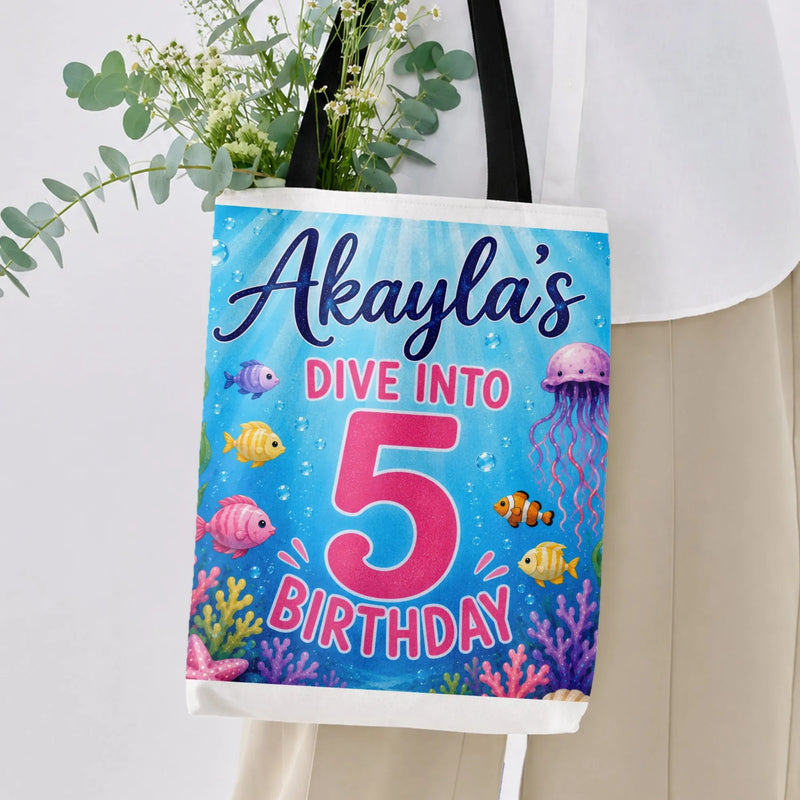 Ocean Birthday Tote Bag | Colorful Underwater Sea Creatures Coral Reef Art | Premium Twill Fabric Tote | Kids Birthday Party Gift