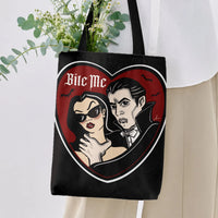 Vampire Couple Tote Bag | Bite Me Gothic Comic Art Heart Design | Premium Twill Fabric | Gothic Halloween Gift for Vampire Fans