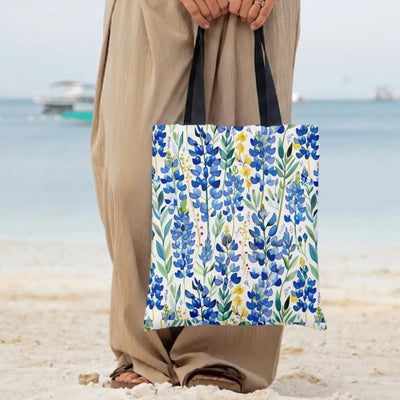 Bluebonnet Wildflower Tote Bag | Watercolor Texas Lupine Floral Pattern | Premium Twill Structured Carry Bag | Gift for Wildflower & Nature Lovers