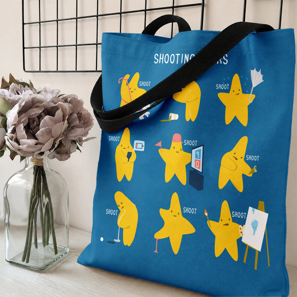 Shooting Stars Tote Bag | Cute Cartoon Stars Doing Activities Funny Pun Art | Premium Twill Diamond-Grid Texture | Fun Gift f