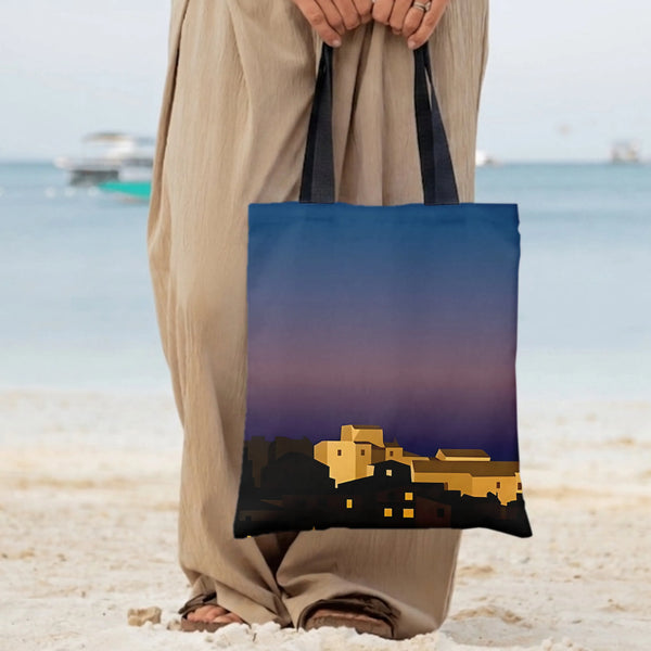 Mediterranean Village Sunset Tote Bag | Twilight Cityscape Watercolor Art | Premium Composite Twill Fabric | Aesthetic Gift f
