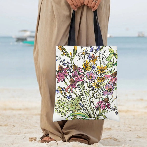 Wildflower Tote Bag | Watercolor Ink Sketch Coneflower & Black-Eyed Susan Bouquet | Premium Twill Fabric | Aesthetic Gift for