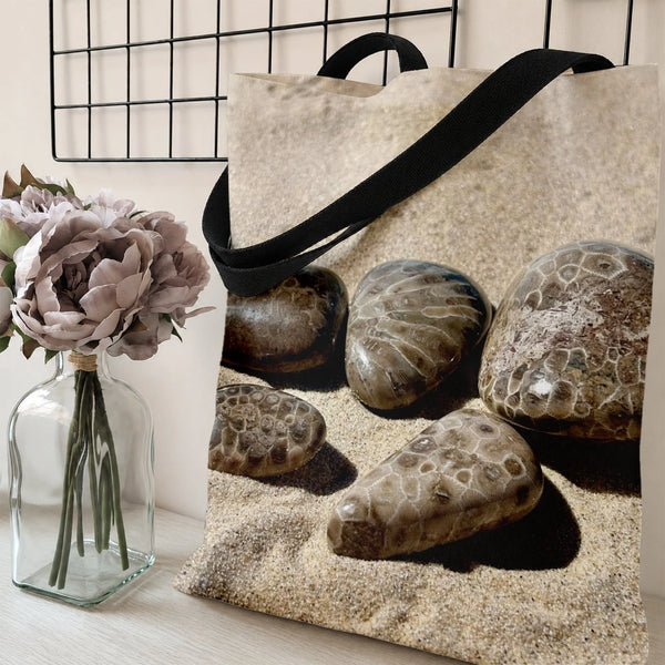 Petoskey Stone Tote Bag | Fossil Coral Rocks on Sandy Beach Photography | Premium Twill Fabric with Diamond-Grid Texture | Gi