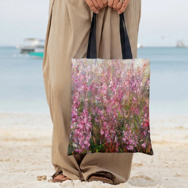 Pink Wildflower Meadow Tote Bag | Impressionist Floral Oil Painting Art | Premium Twill Diamond-Grid Fabric | Aesthetic Gift 