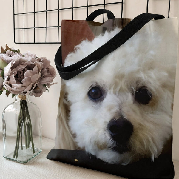 White Fluffy Dog Tote Bag | Adorable Puppy Portrait Photo Print | Premium Composite Twill Fabric | Gift for Dog Lovers
