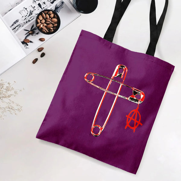 Punk Safety Pin Cross Tote Bag | Anarchy Symbol Grunge Street Art Design | Premium Twill Diamond-Grid Texture | Gift for Punk
