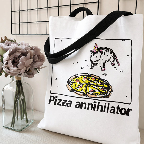 Opossum Pizza Tote Bag | Funny Pizza Annihilator Possum Cartoon Art | Premium Twill Diamond-Grid Texture | Hilarious Gift for