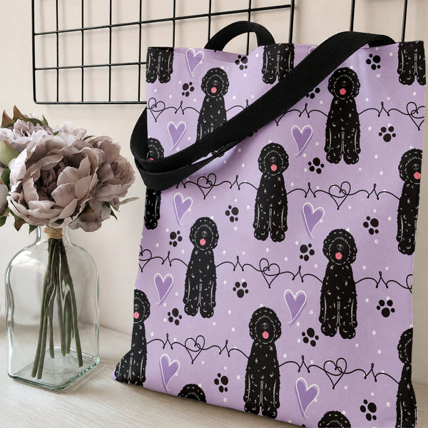 Black Poodle Tote Bag | Cute Cartoon Poodles with Hearts and Paw Prints Pattern | Premium Twill Fabric | Gift for Dog Lover