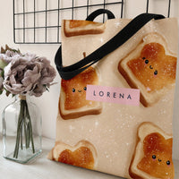 Kawaii Toast Tote Bag | Cute Bread Toast Smiley Face Pattern | Premium Twill Fabric | Aesthetic Gift for Her