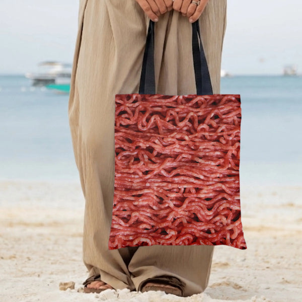 Raw Ground Beef Tote Bag | Photorealistic Minced Meat Texture Art Print | Premium Composite Twill Fabric | Quirky Gift for Fo