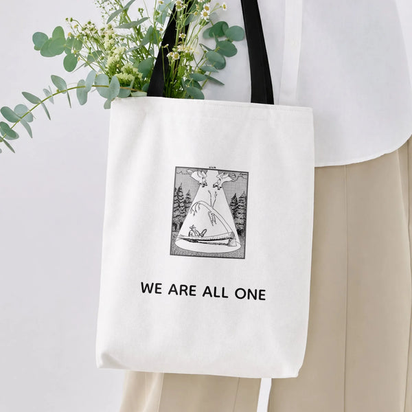 Native Teepee Tote Bag | We Are All One Ink Illustration Forest Art | Premium Twill Diamond-Grid Fabric | Unique Gift for Nat