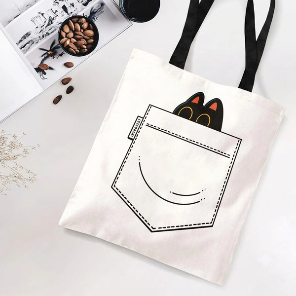 Introvert Black Cat Tote Bag | Cute Peeking Cat in Pocket Cartoon Art | Premium Twill Diamond-Grid Texture | Gift for Cat Lov