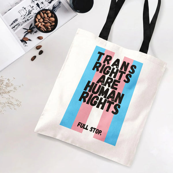 Trans Rights Are Human Rights Tote Bag | Trans Pride Flag Bold Typography Art | Premium Twill Diamond-Grid Texture | LGBTQ Al